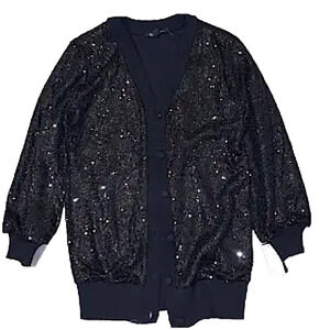 VARSITY Black Sequin Sweater Cardigan Sweater Knit Covered Buttons Relaxed Fit